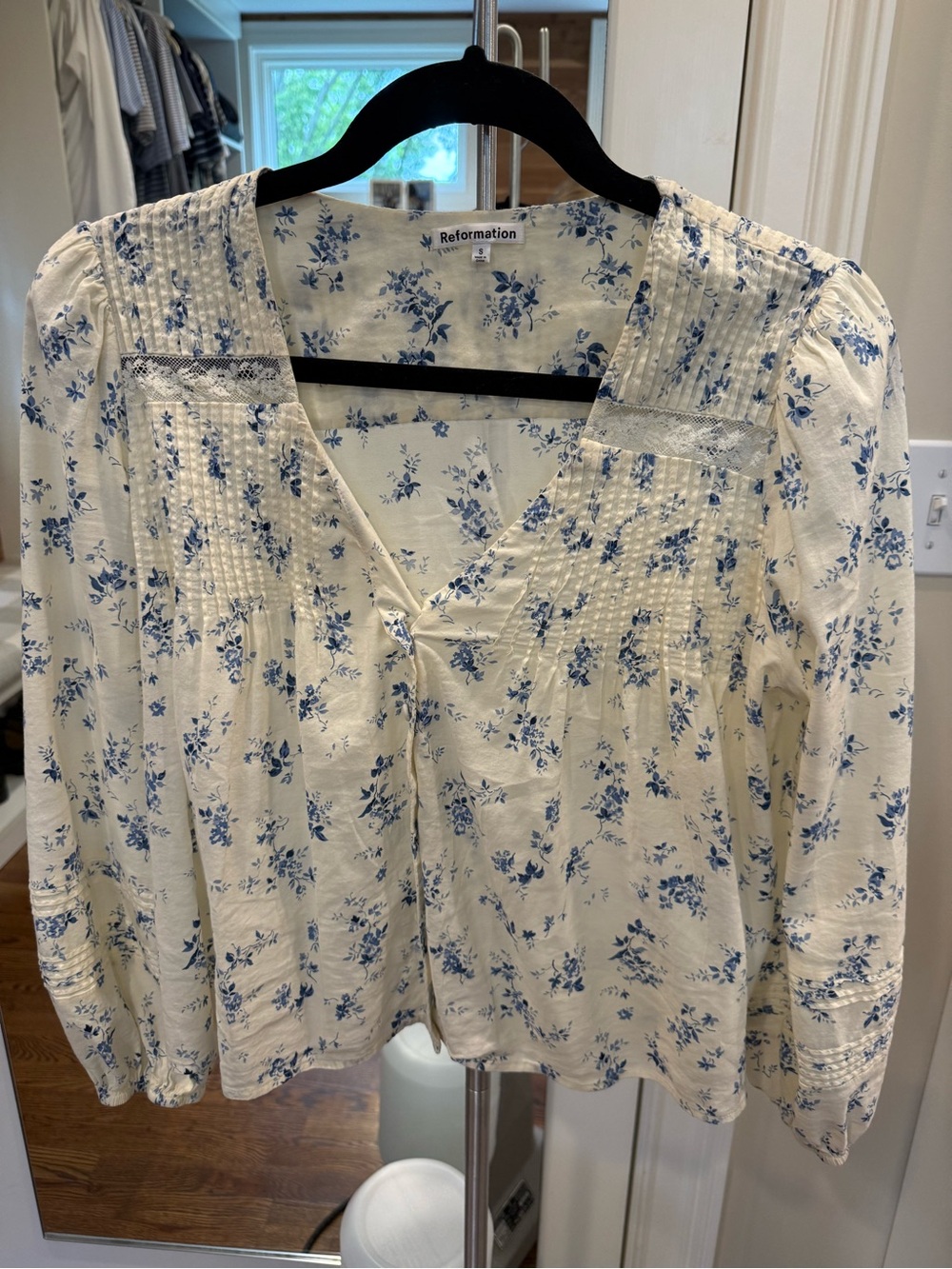 Reformation Cream Blouse with Blue Floral Print